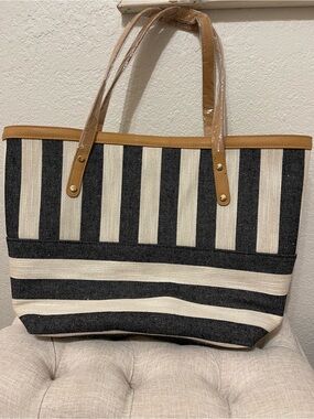 Chico’s Nautical Striped Canvas Tote with Tan Handles